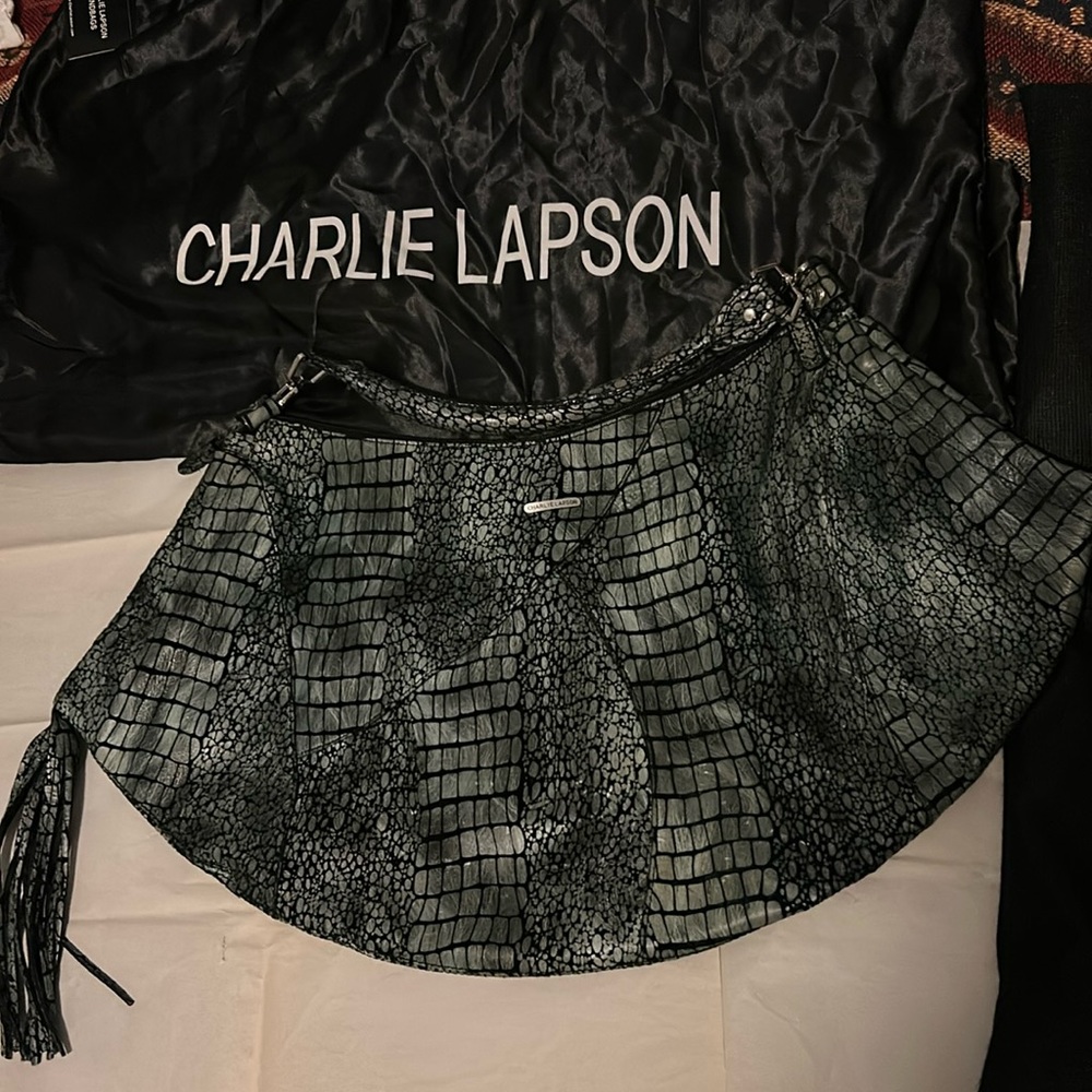 Charlie Lapson leather blue textured print bag with leather fringe trim